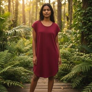 Women's Shirt Dress Burgundy Crew Short Sleeve Stretchy Size-M NWT